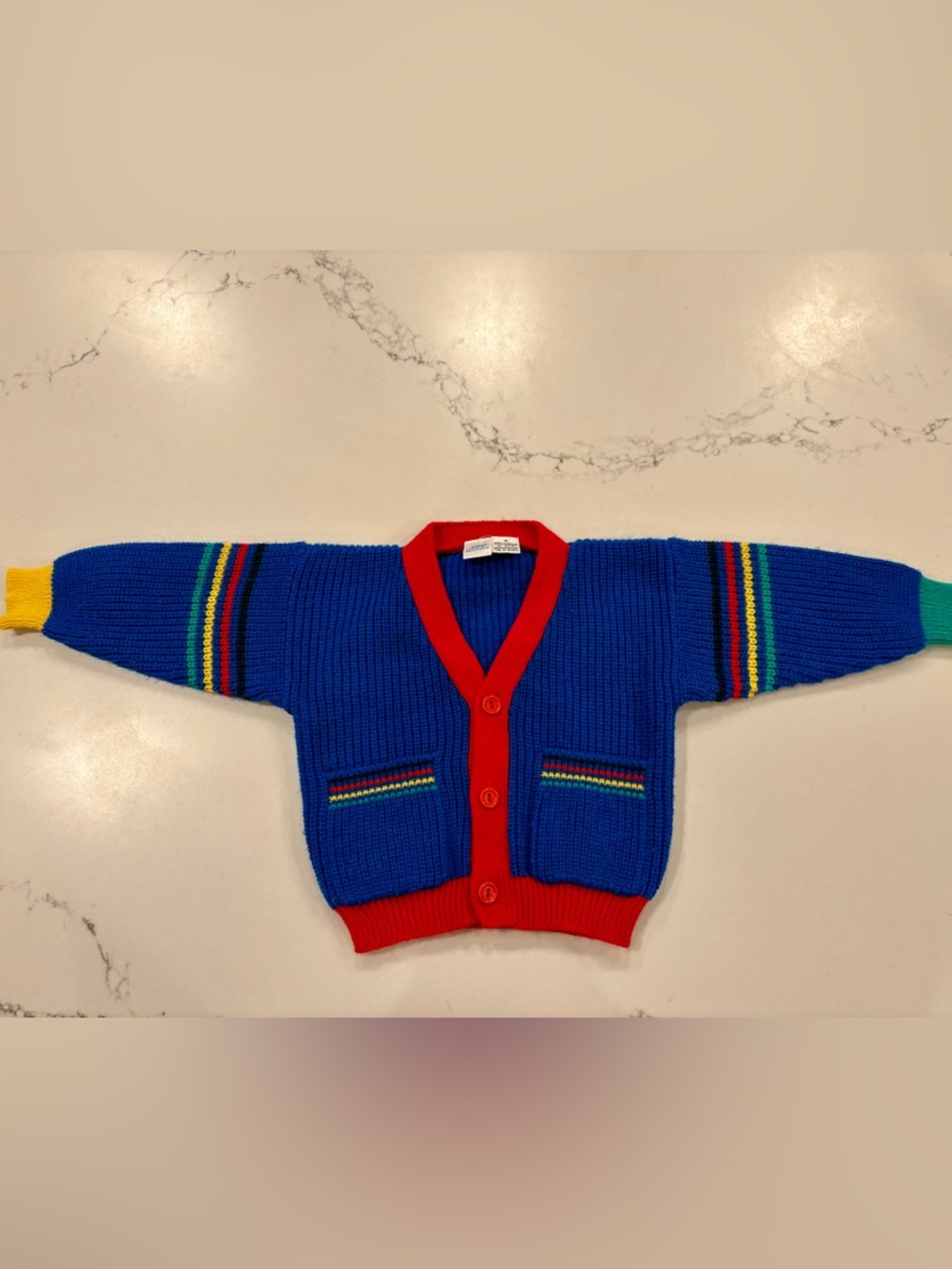 Vintage 18 Month Boys Blue Knit Cardigan Stripes Sweater